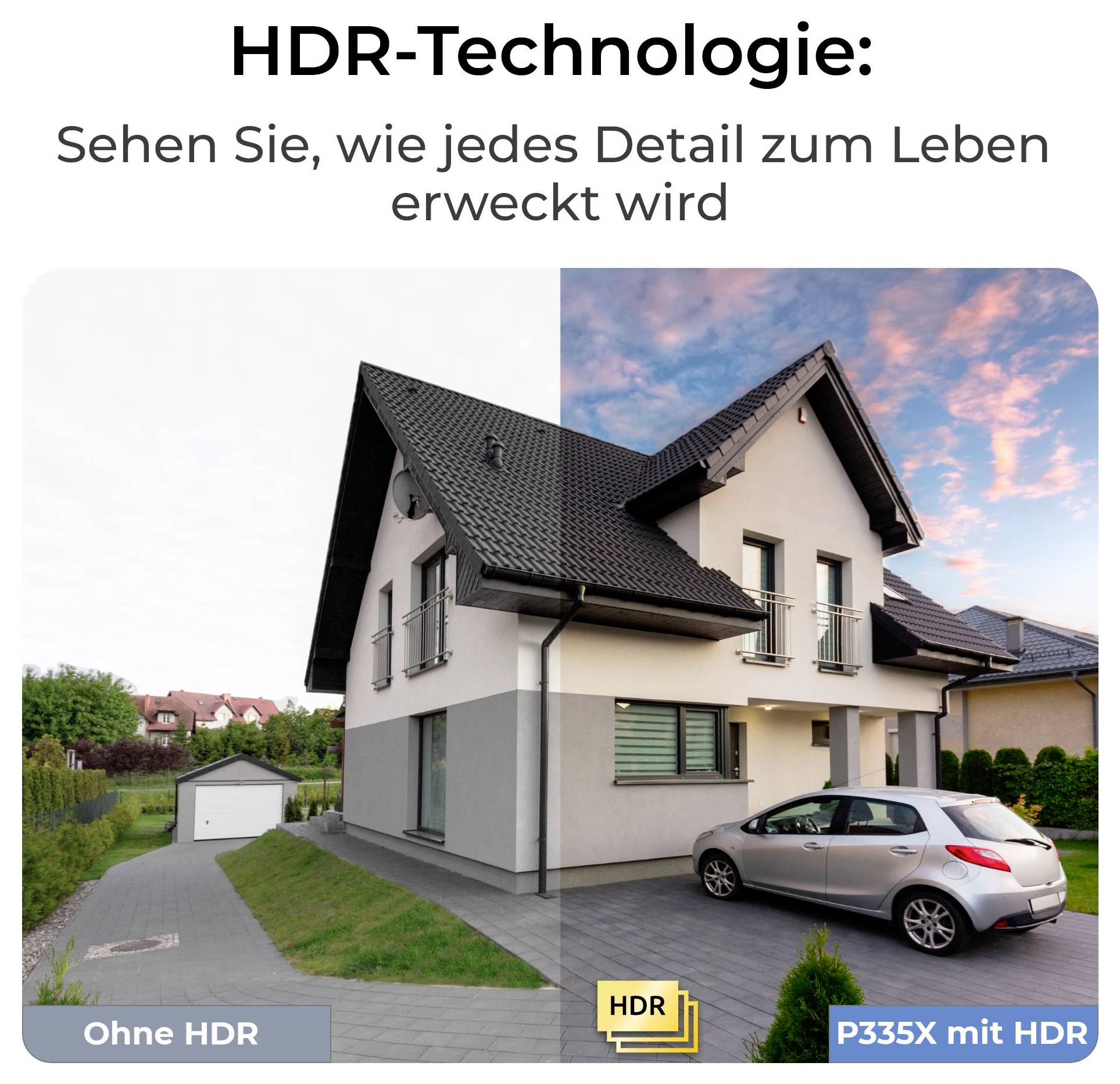 'Vergleich eines Hauses ohne HDR (links) und mit HDR (rechts): zeigt verstärkte Details und Farben. Text: 
