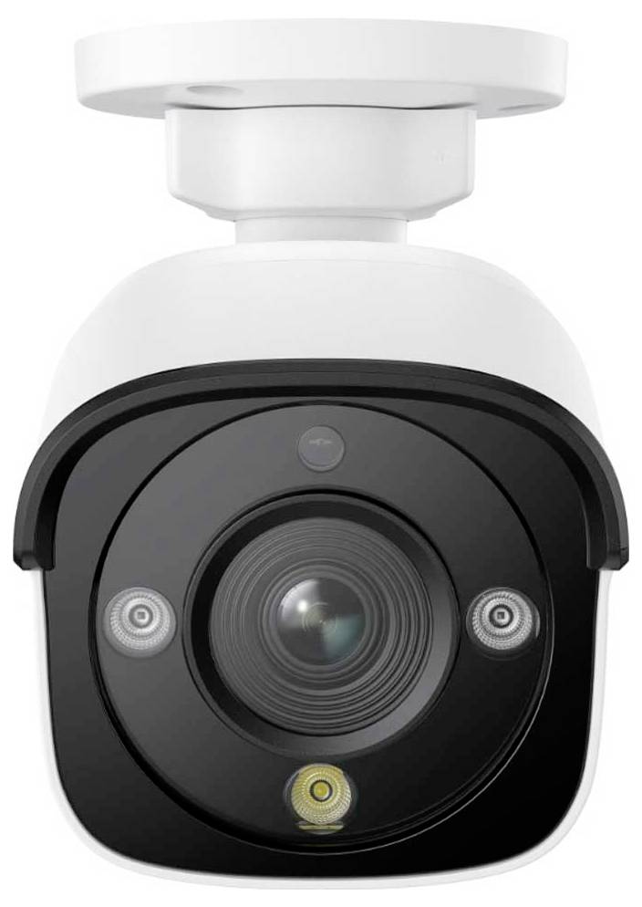 Weiße Sicherheitskamera mit schwarzem Objektiv und Gehäuse, auf einer weißen Basis montiert.