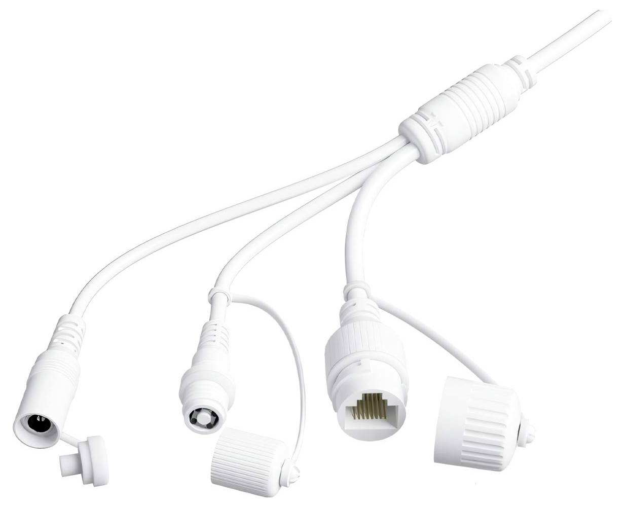 Ein weißes Splitterkabel mit mehreren Anschlüssen, einschließlich Koaxial- und Ethernet-Anschlüssen, zum Verbinden von Sicherheitskameras oder ähnlichen Geräten.