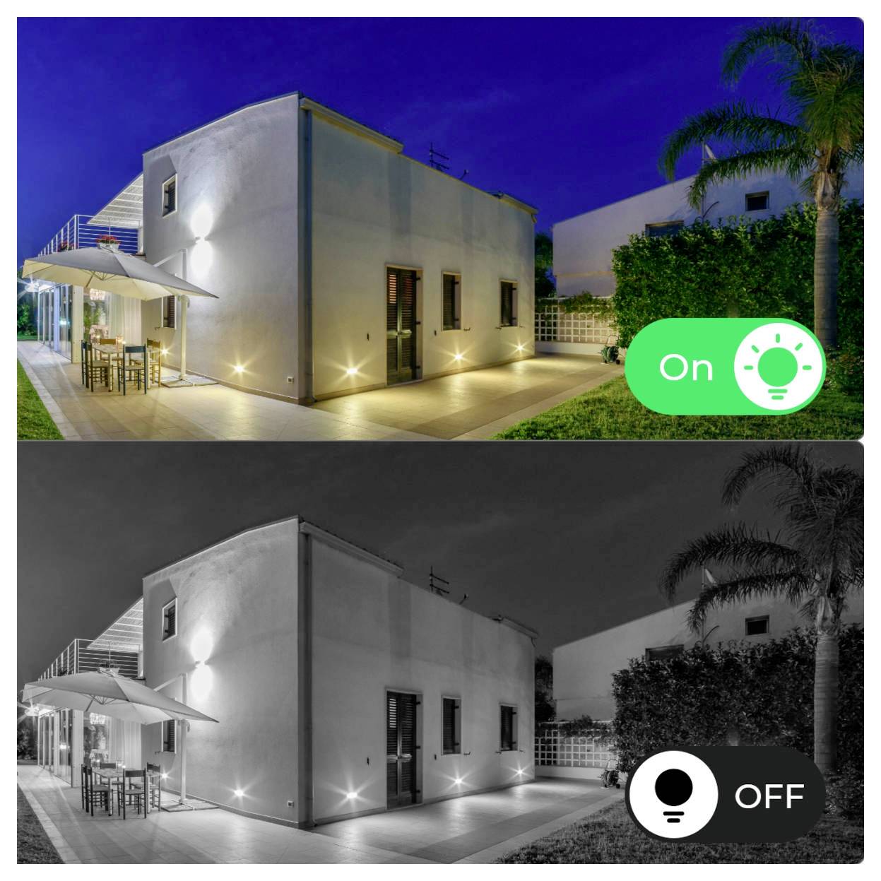 Bild zeigt die Außenseite eines Hauses nachts mit Vorher- und Nachher-Effekten der Beleuchtung: oberes Bild mit eingeschalteten Hauslichtern, unteres Bild mit ausgeschalteten Lichtern.