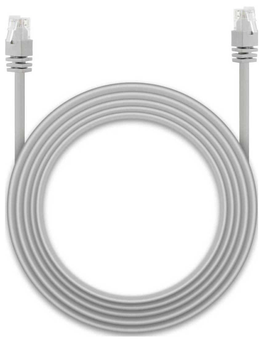 Ein aufgewickeltes graues Ethernet-Kabel mit Steckern an beiden Enden, das für Netzwerk- und Internetverbindungen verwendet wird.