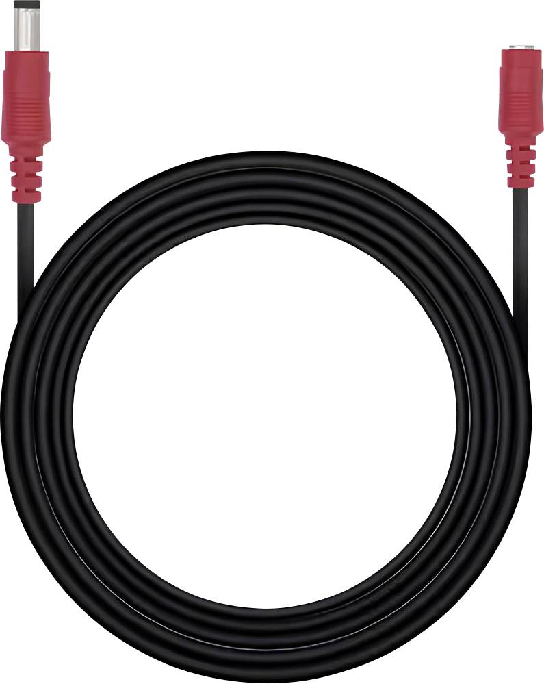 Ein aufgerolltes schwarzes Kabel mit roten Steckverbindern an jedem Ende, typischerweise für die Stromversorgung oder Datenübertragung in elektronischen Geräten verwendet.