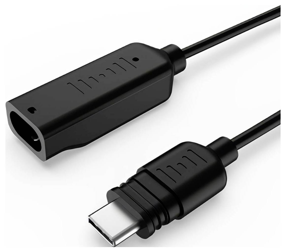 Ein schwarzes HDMI-zu-USB-C-Adapterkabel mit einem USB-C-Anschluss an einem Ende und einem HDMI-Anschluss am anderen Ende wird auf weißem Hintergrund gezeigt.