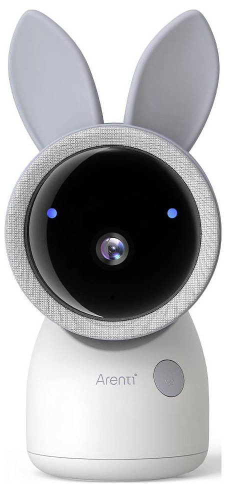 Eine weiße, mit Hasenohren versehene Sicherheitskamera mit schwarzem Objektiv und Leuchtanzeige, Marke „Arenti