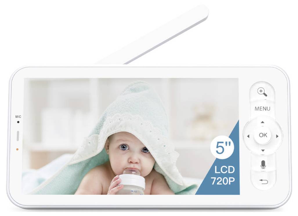 Ein Baby, das in eine weiches blaues Tuch gewickelt ist, trinkt aus einer Flasche auf dem Bildschirm eines Babyphones, auf dem der Text angezeigt wird: 5