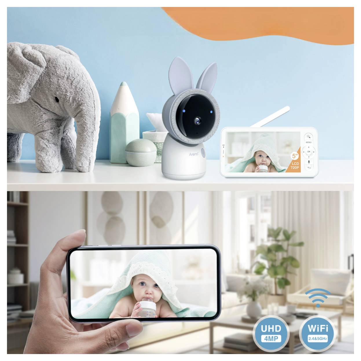 Eine Babyphone-Kamera mit Kaninchenohren auf einem Regal neben einem Elefanten-Plüschtier. Darunter zeigt der Live-Feed der Kamera ein Baby, das in ein Handtuch gewickelt ist.