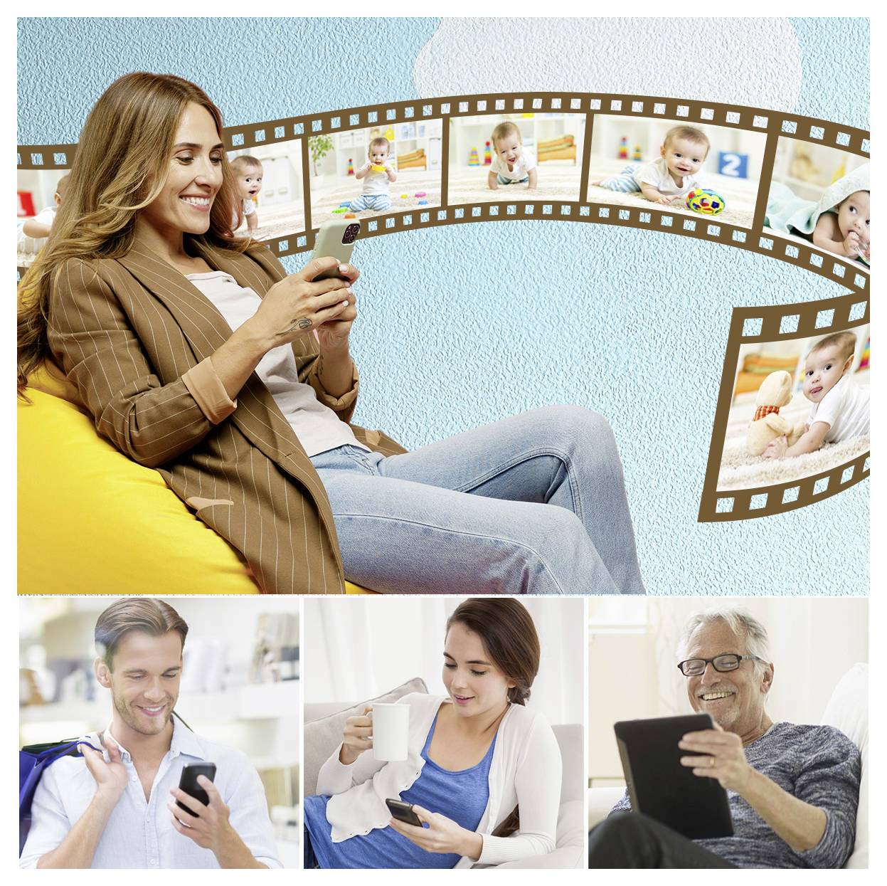 Eine Frau auf einem Sofa nutzt ihr Smartphone, während ein Filmstreifen mit Kinderfotos darüber schwebt. Darunter nutzen drei Personen digitale Geräte.