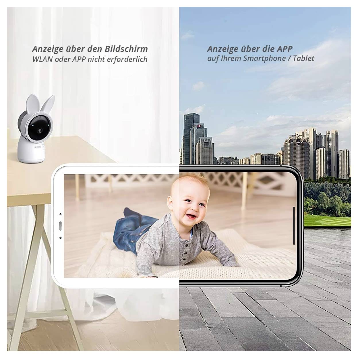 'Anzeige über den Bildschirm, WLAN oder APP nicht erforderlich.' zeigt Kamera neben Smartphone mit App-Anzeige eines Babys.