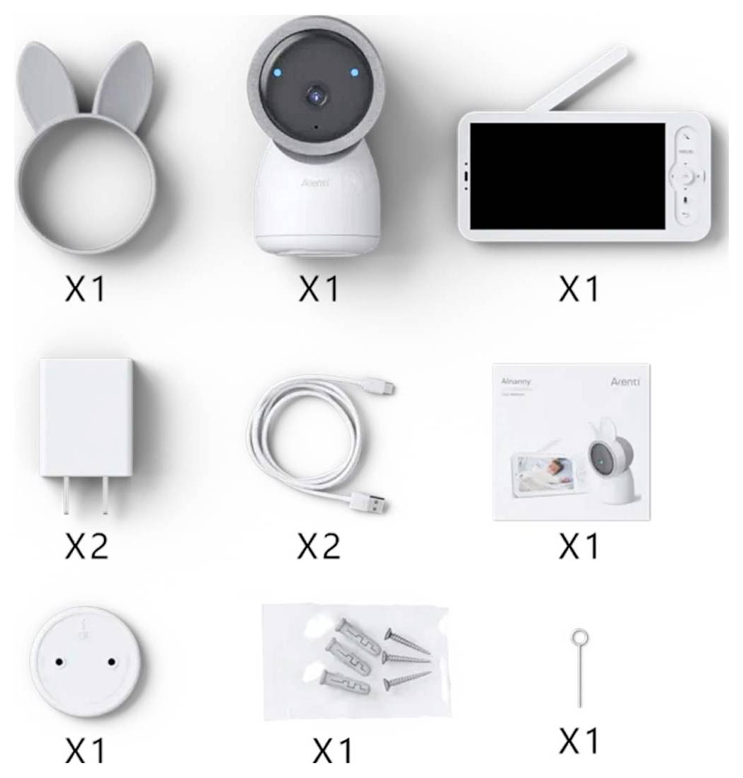 Das Bild zeigt Komponenten eines Babyphone-Sets: eine Kamera mit einem Hasenohren-Zubehör, ein Monitor, zwei Adapter und USB-Kabel, ein Wandbefestigungsset und eine Bedienungsanleitung.