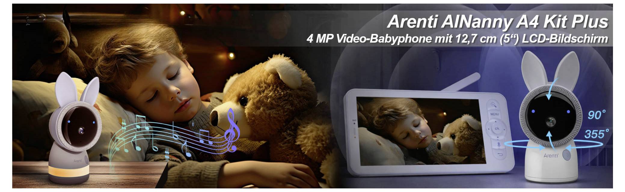Kleinkind schläft mit Teddybär, überwacht von Arenti AI-Nanny-Kamera, neben Gerät mit Fotoanzeige. Text gibt Produktdetails.