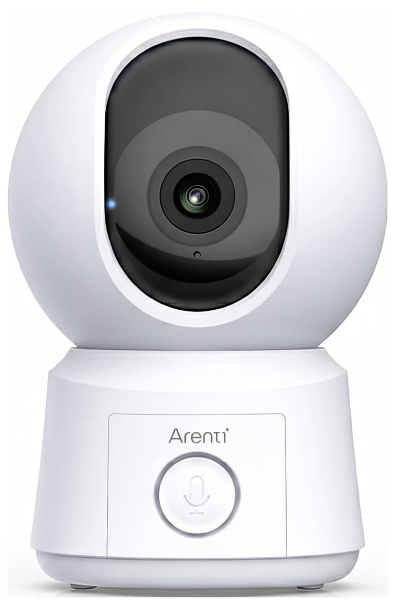 Eine weiße, kugelförmige Überwachungskamera für den Wohnbereich auf einem Sockel mit der Marke „Arenti