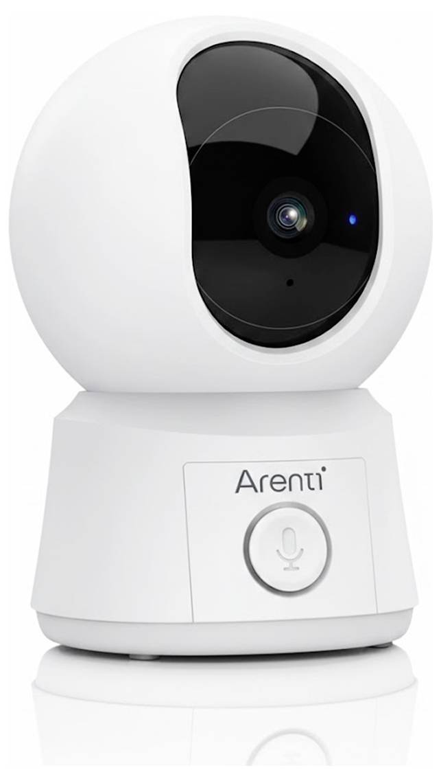 Weiße, kugelförmige Sicherheitskamera mit schwarzer Linse, mit einer Mikrofontaste und Markenlogo auf der Vorderseite.