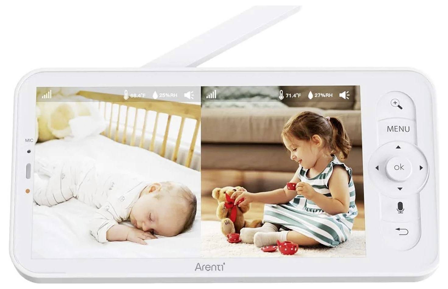 Geteilter Bildschirm eines Videomonitors, der auf der linken Seite ein schlafendes Baby in einem Babybett und auf der rechten Seite ein Kind zeigt, das mit Spielzeug spielt.