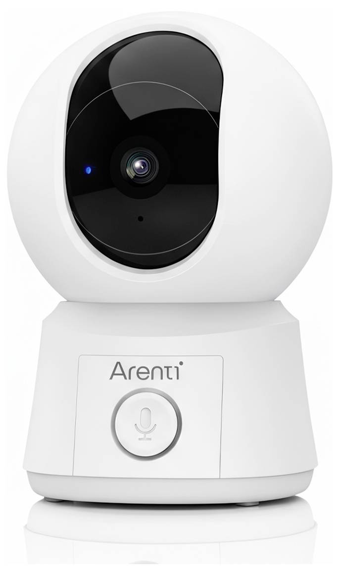 Heimschutz-Kamera mit weißem kugelförmigem Design, mit einer Linse in der Mitte und einem integrierten Mikrofon auf der Basis.