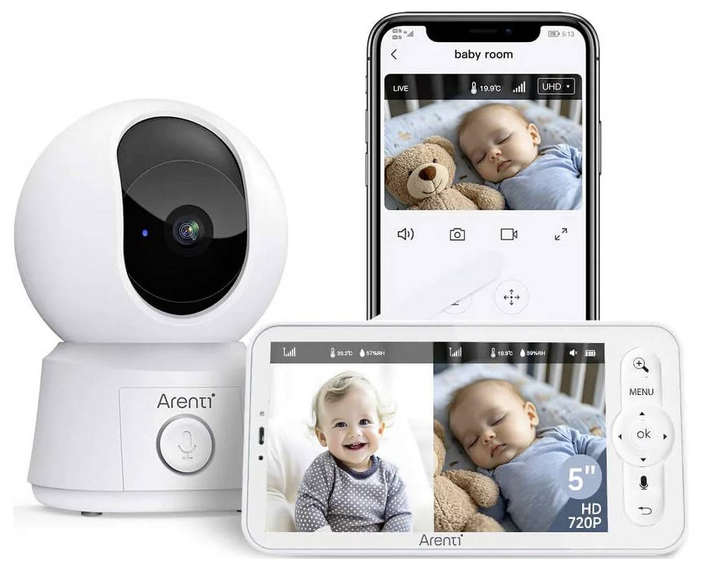 Videobaby-Überwachungssystem, das ein schlafendes Baby auf einem Smartphone und einem separaten Display zeigt, mit einer schwenkbaren Kamera im Vordergrund.