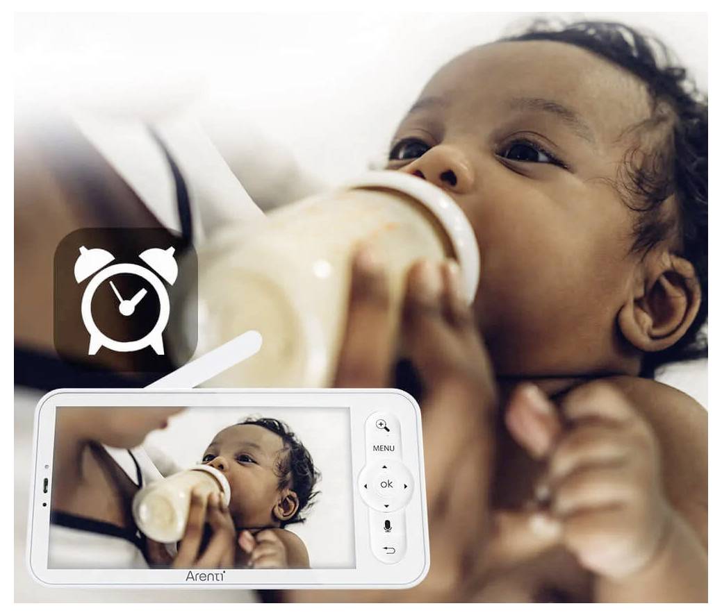 „Baby trinkt aus einer Flasche, während es gehalten wird, angezeigt auf einem Babyphone-Bildschirm. Ein Wecker-Symbol deutet auf einen zeitbezogenen Kontext hin.