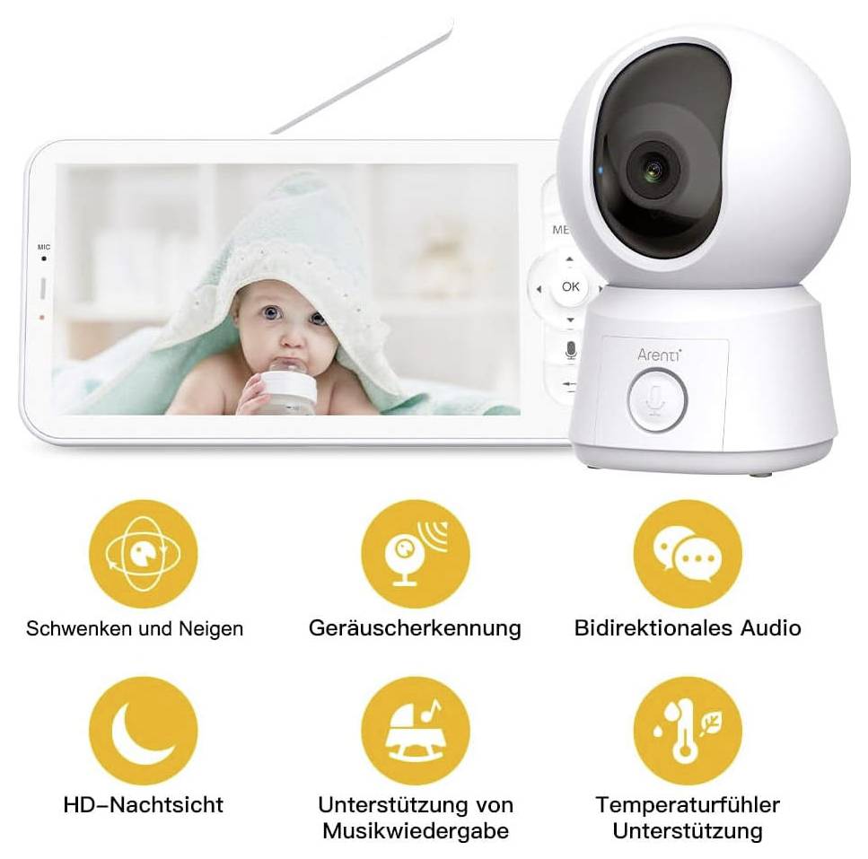 Babyfon mit Kamera und Bildschirm zeigt ein Baby mit Flasche. Funktionen: Schwenken, Geräuscherkennung, Audio, Nachtsicht, Musik, Temperatur.