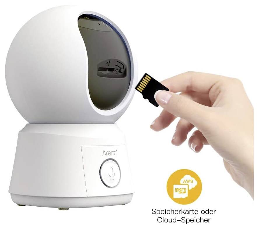 Eine Hand steckt eine Speicherkarte in eine weiße Kamera mit runder Form. Text: 'Speicherkarte oder Cloud-Speicher'.