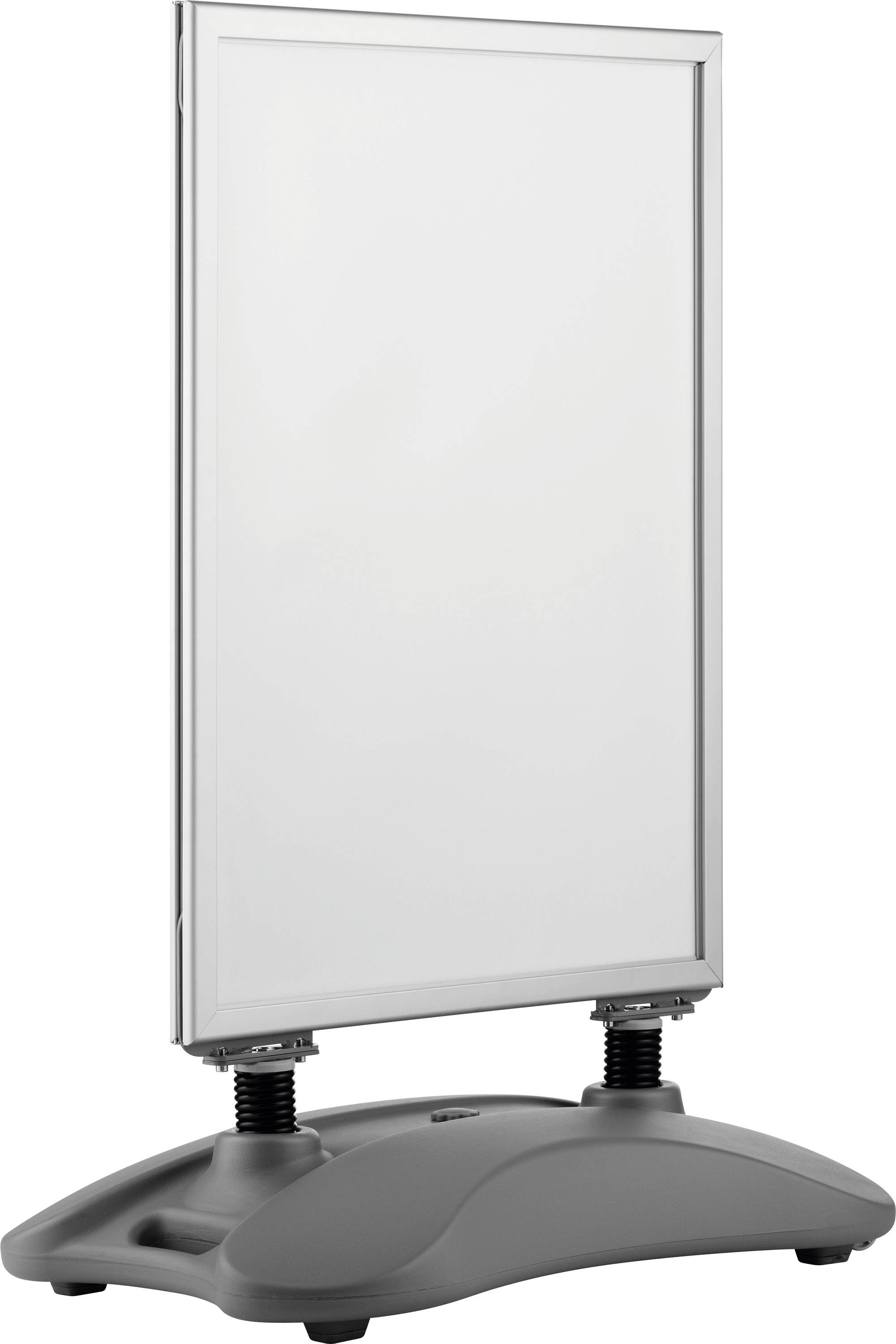 Ein freistehendes Schild mit einer leeren weißen Anzeigetafel, montiert auf einer robusten, federgestützten grauen Basis, konzipiert für Außenwerbung.