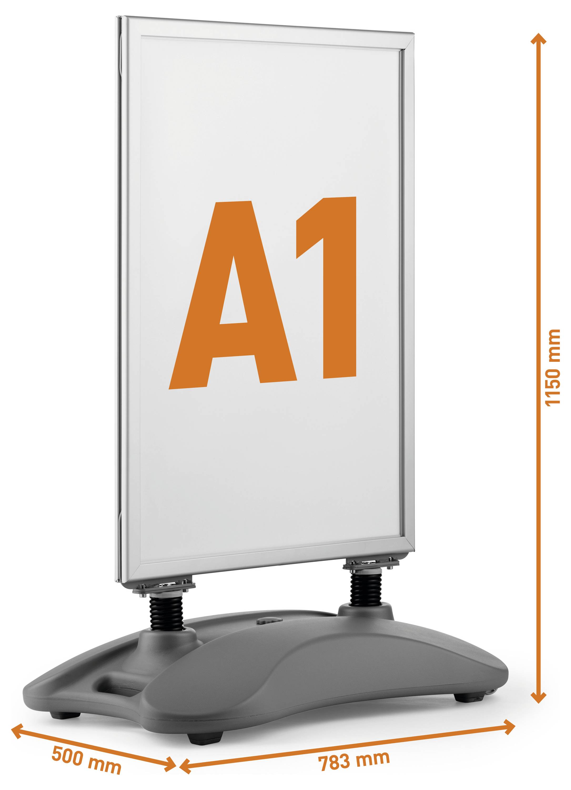Outdoor-Anzeigeständer mit A1-Rahmen. Der silberfarbene Rahmen ist 1150 mm hoch und auf einer grauen Basis mit den Abmessungen 500 mm x 783 mm positioniert.