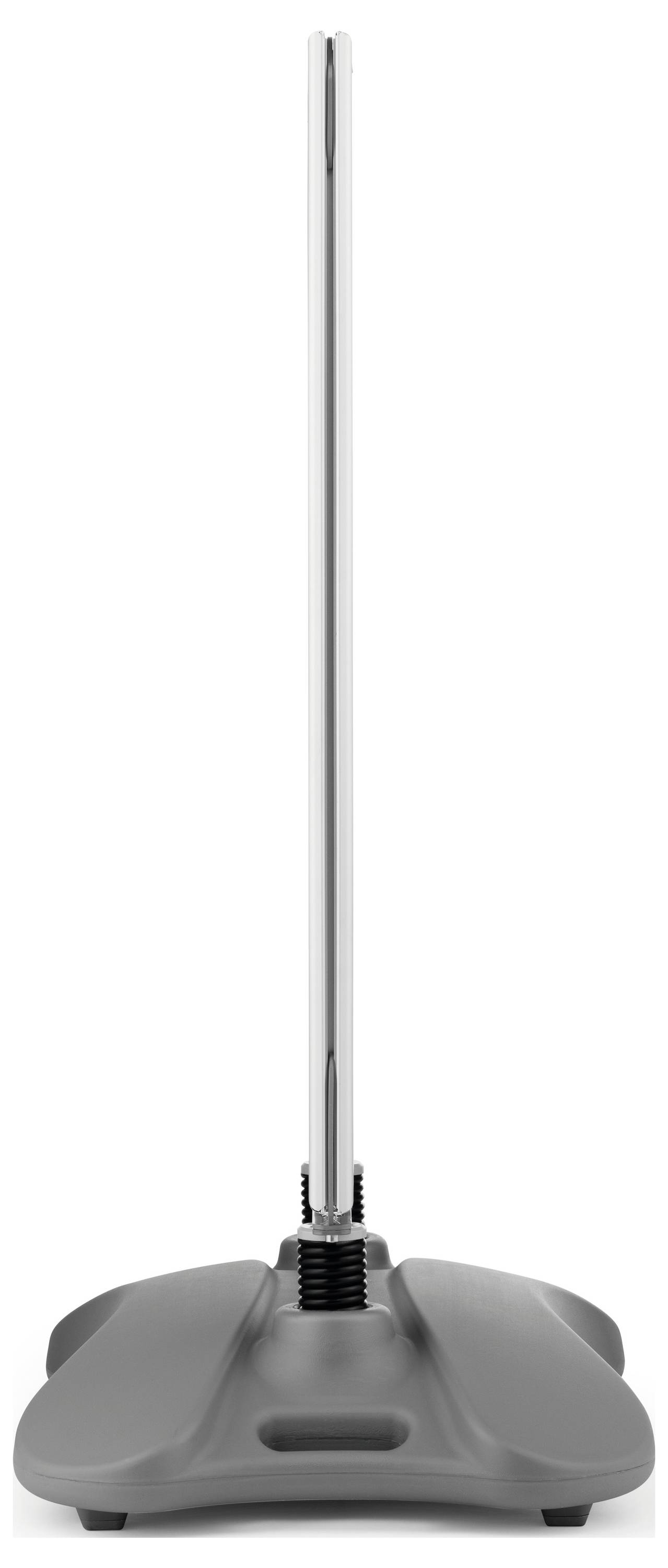 Ein vertikaler Metallpol ist an einer breiten, flachen, rechteckigen Basis befestigt, wahrscheinlich ein Ständer oder eine Stützstruktur.