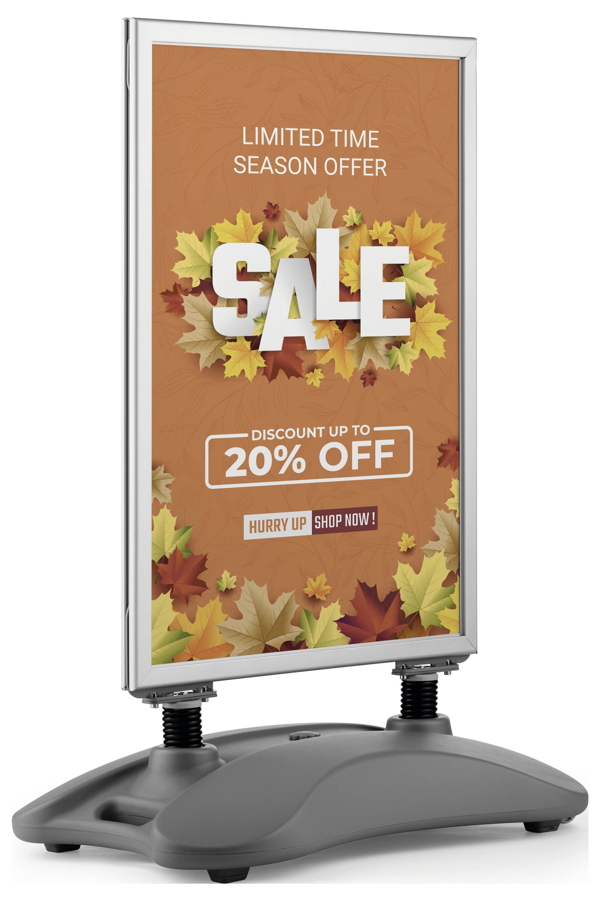 Angebot für begrenzte Zeit. Verkauf. Rabatt bis zu 20% Rabatt. Beeilen Sie sich, jetzt einkaufen! Hintergrund mit Herbstblättern.