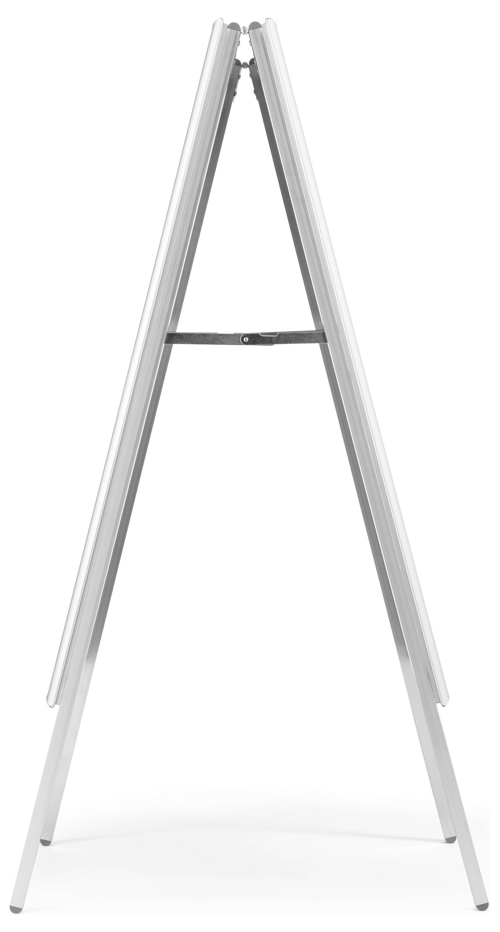 Ein silberner Staffeleistahl, geschlossen und aus einem Winkel betrachtet, zeigt seine dreieckige Struktur und vier Beine.