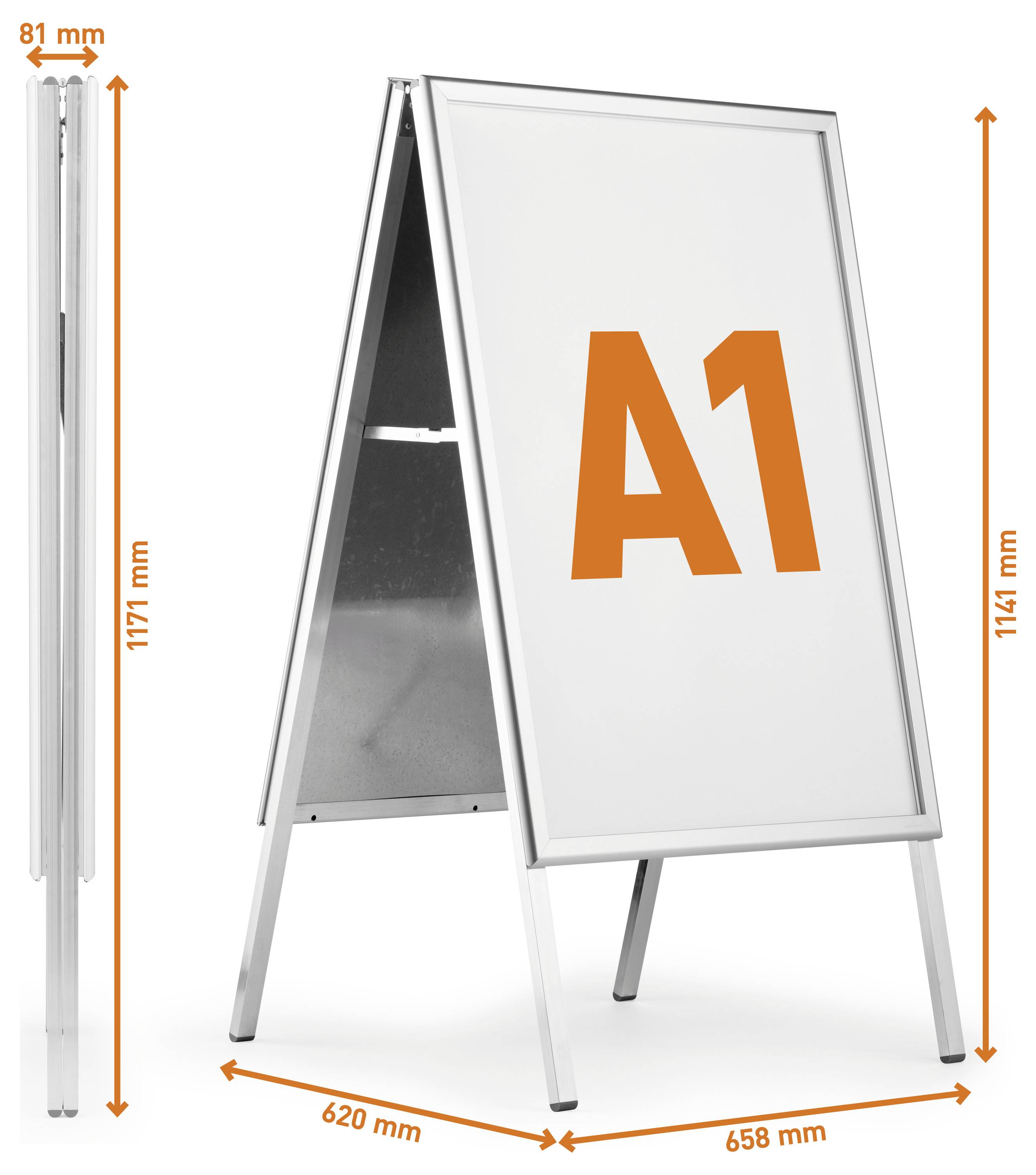 Ein silbernes A-Gestell mit beschrifteten Abmessungen: Höhe 1171 mm, Breite 658 mm und Tiefe 81 mm; mit orangefarbener Kennzeichnung 