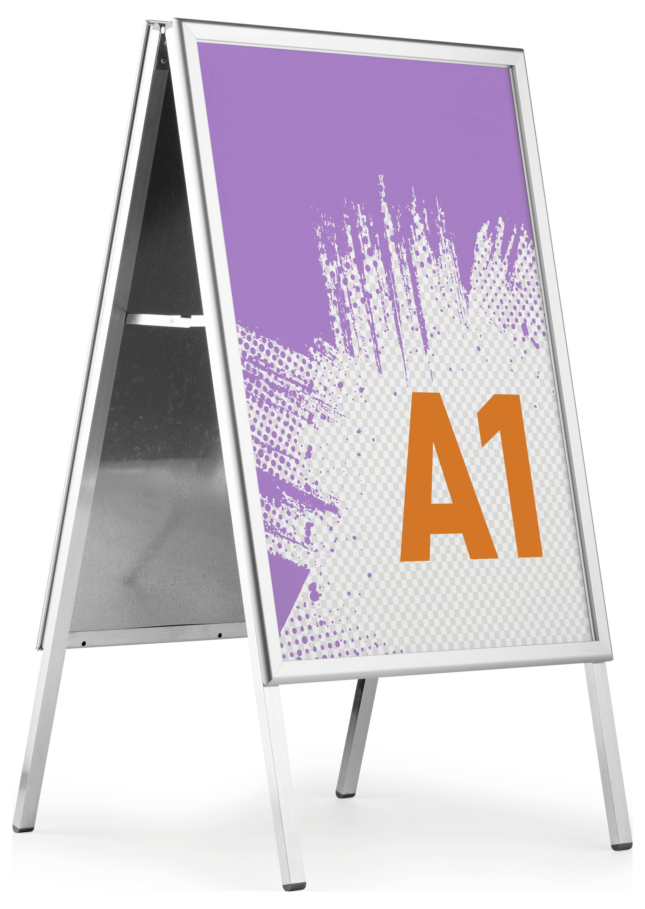 Ein A-förmiges Schild mit violettem Hintergrund und weißem abstraktem Design, das 