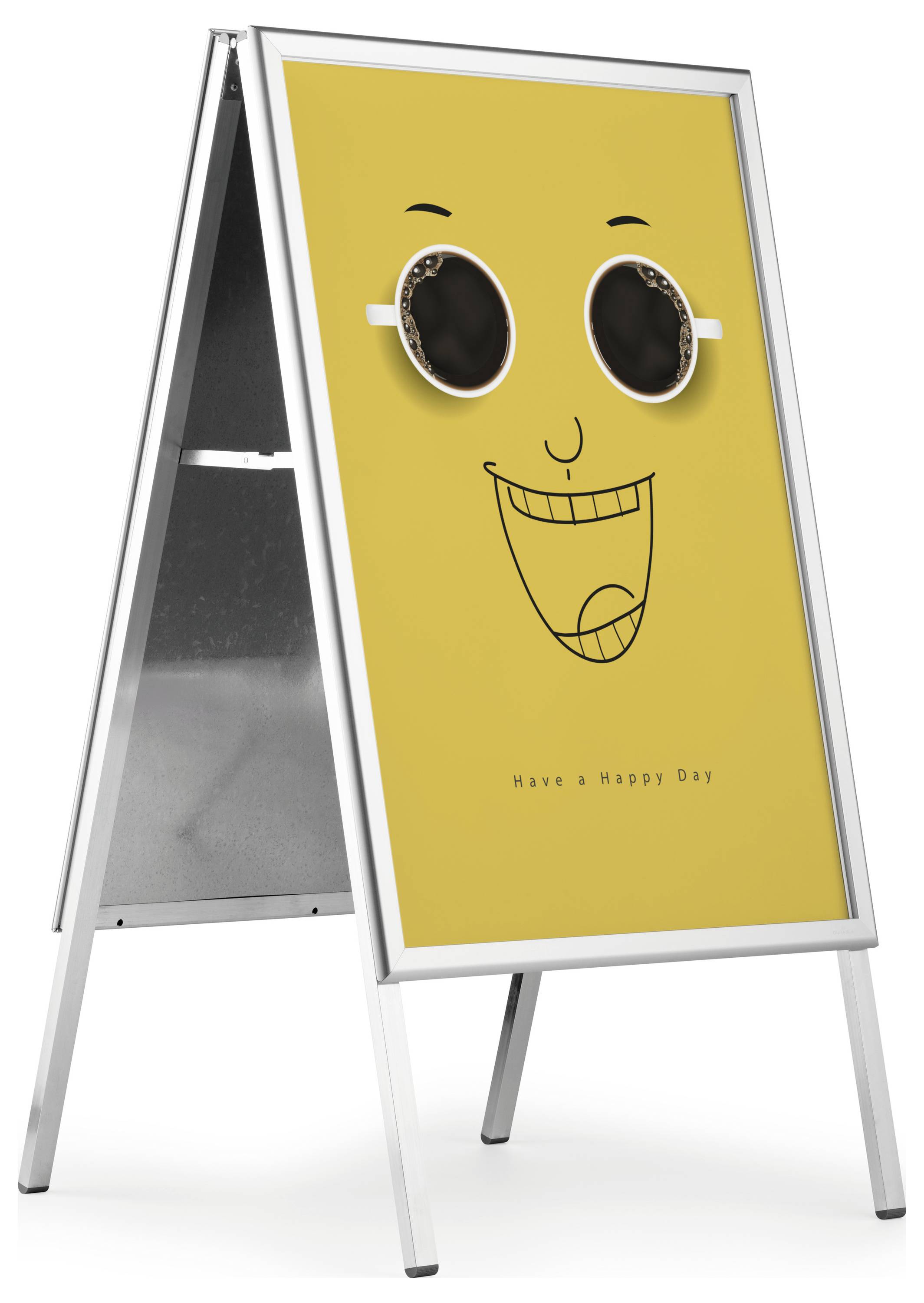 Ein A-förmiges Schild mit gelbem Hintergrund zeigt ein lachendes Gesicht mit Sonnenbrille. Der Text darunter lautet „Hab einen glücklichen Tag