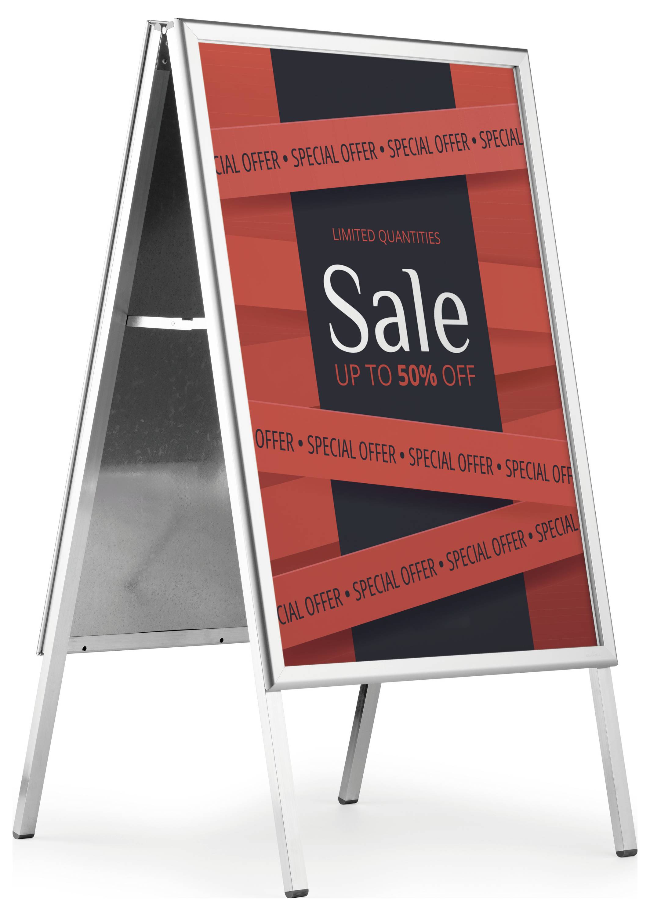 Ein A-Rahmen-Schild mit der Aufschrift „Begrenzte Mengen Ausverkauf bis zu 50% Rabatt