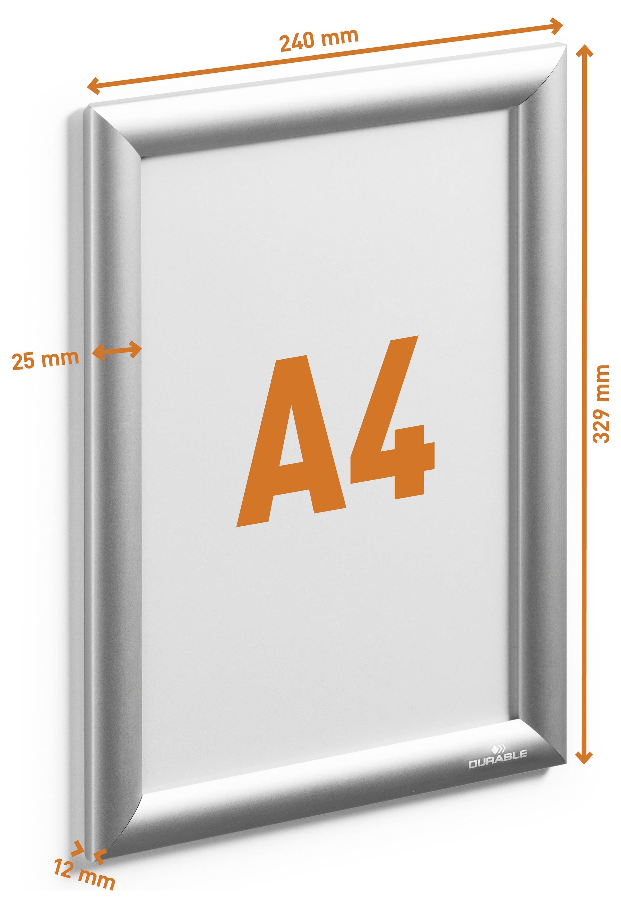 Ein silberner Rahmen zeigt ein A4-Papier, wobei die Größenabmessungen von 240 mm mal 329 mm und eine Tiefe von 12 mm durch orange Pfeile angezeigt werden.