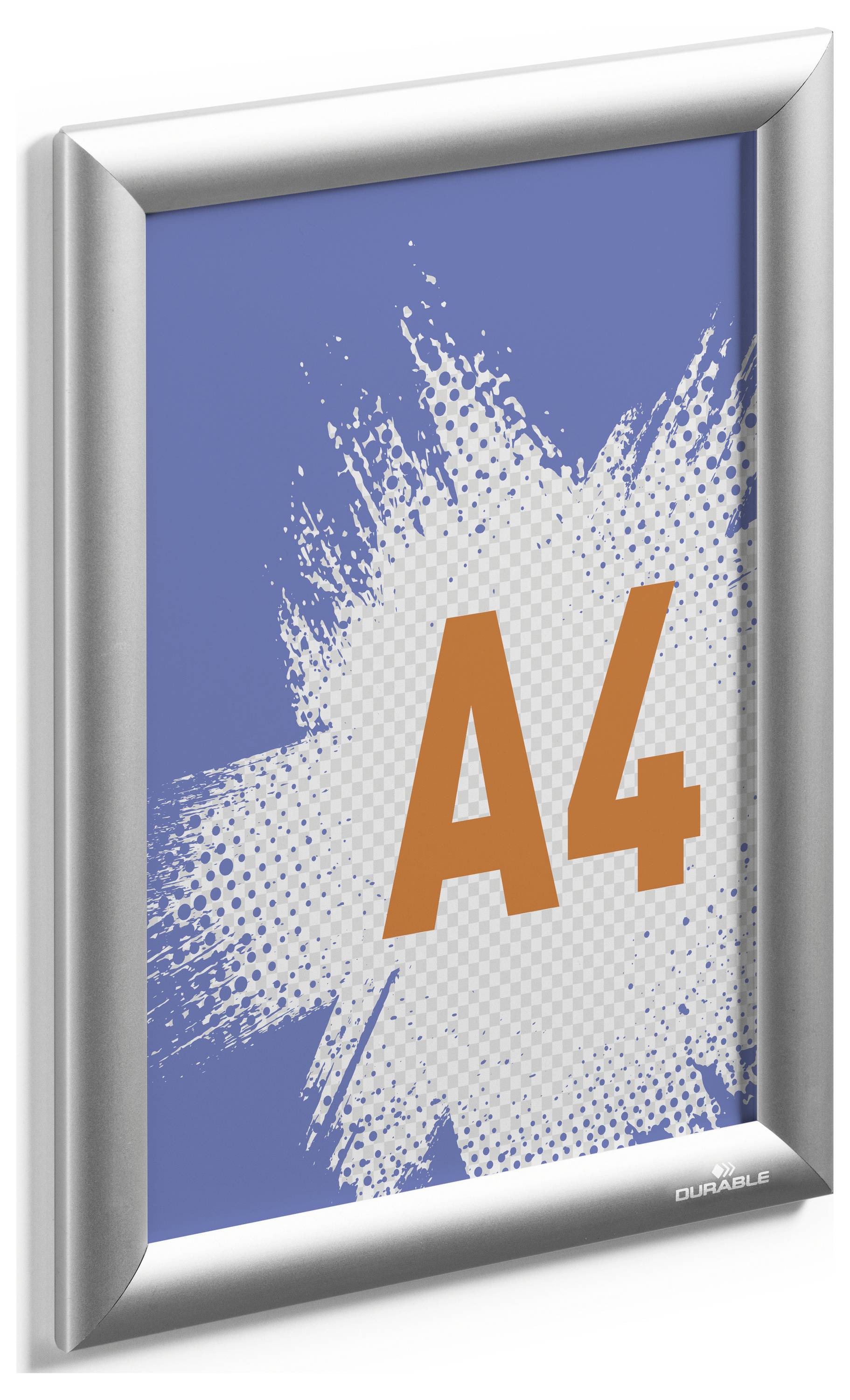 Ein silberner Rahmen mit blauem Hintergrund und weißem Farbspritzer-Design, in der Mitte in großem orangefarbenem Text „A4