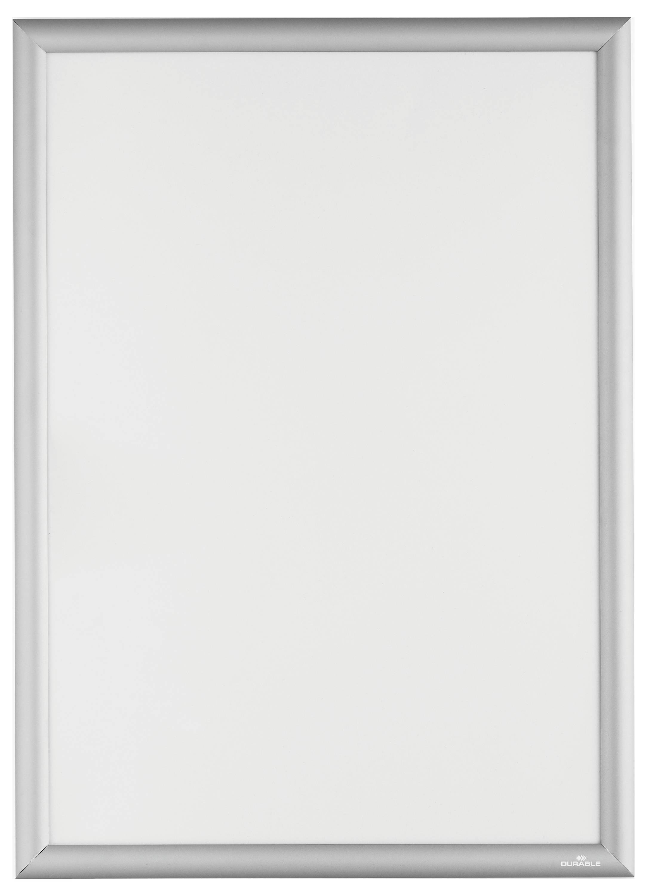 Ein leeres weißes Posterrahmen mit silbernem Rand.