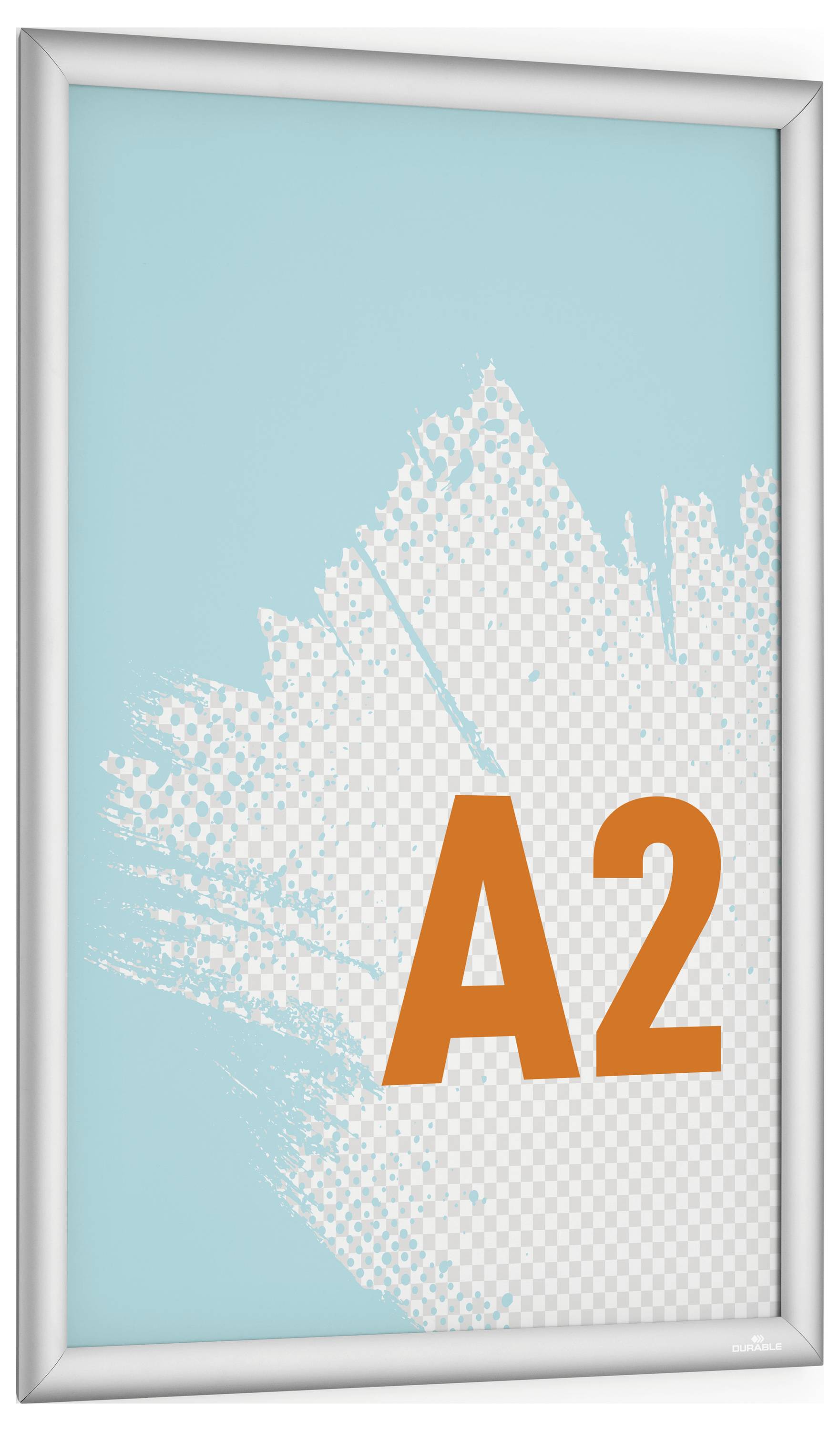 Ein gerahmtes Poster mit blauem Hintergrund, das den orangefarbenen Text „A2