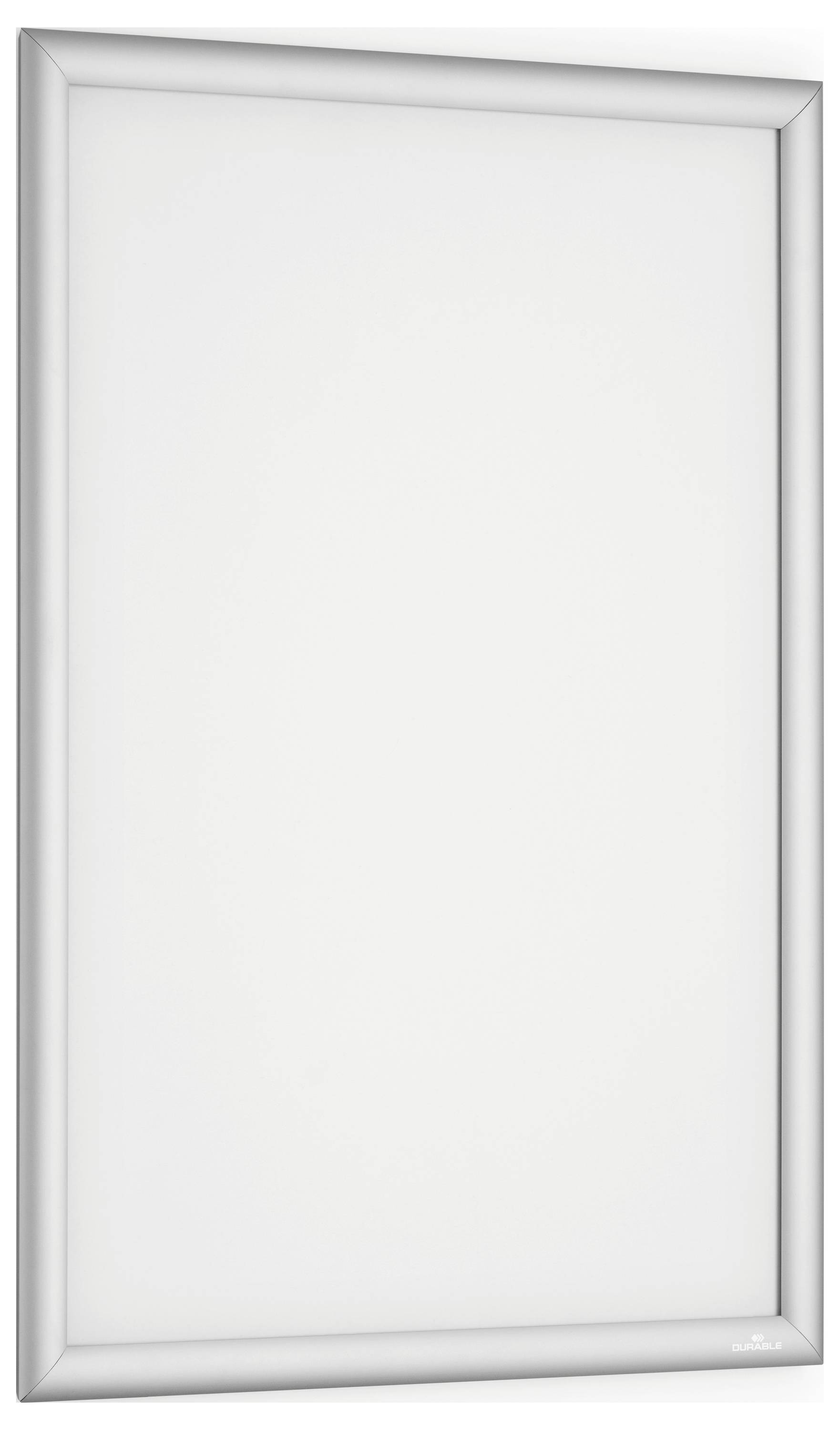 Ein vertikales, rechteckiges, leeres Whiteboard mit silbernem Rahmen.