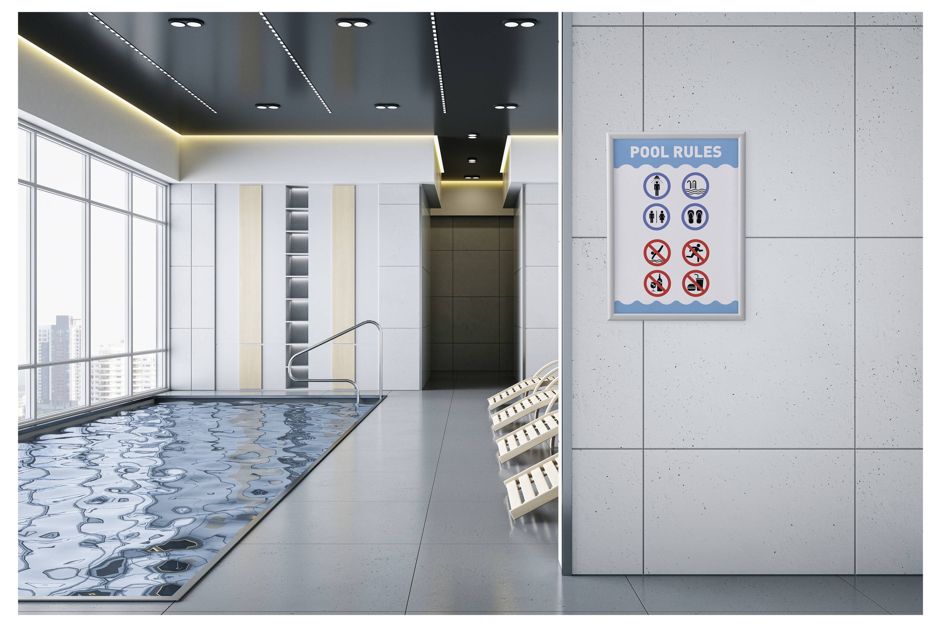 Hallenbad mit einer Reihe von Liegestühlen und einem Schild mit „Poolregeln