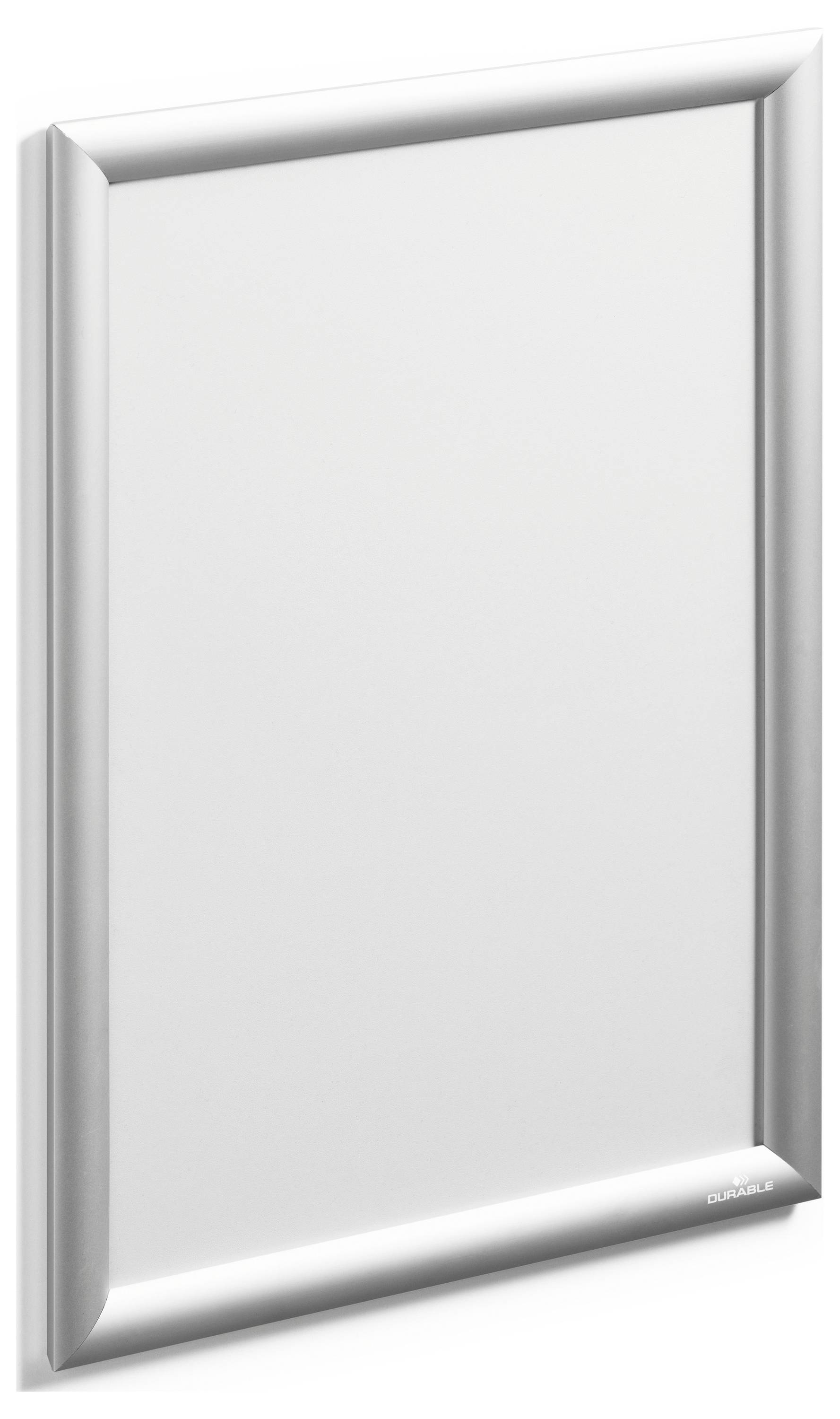 Ein silberrahmen-Schnappposeterhalter mit weißem Leereinsatz, konzipiert zur Anzeige von Postern oder Schildern, aus leicht schräger Perspektive gezeigt.