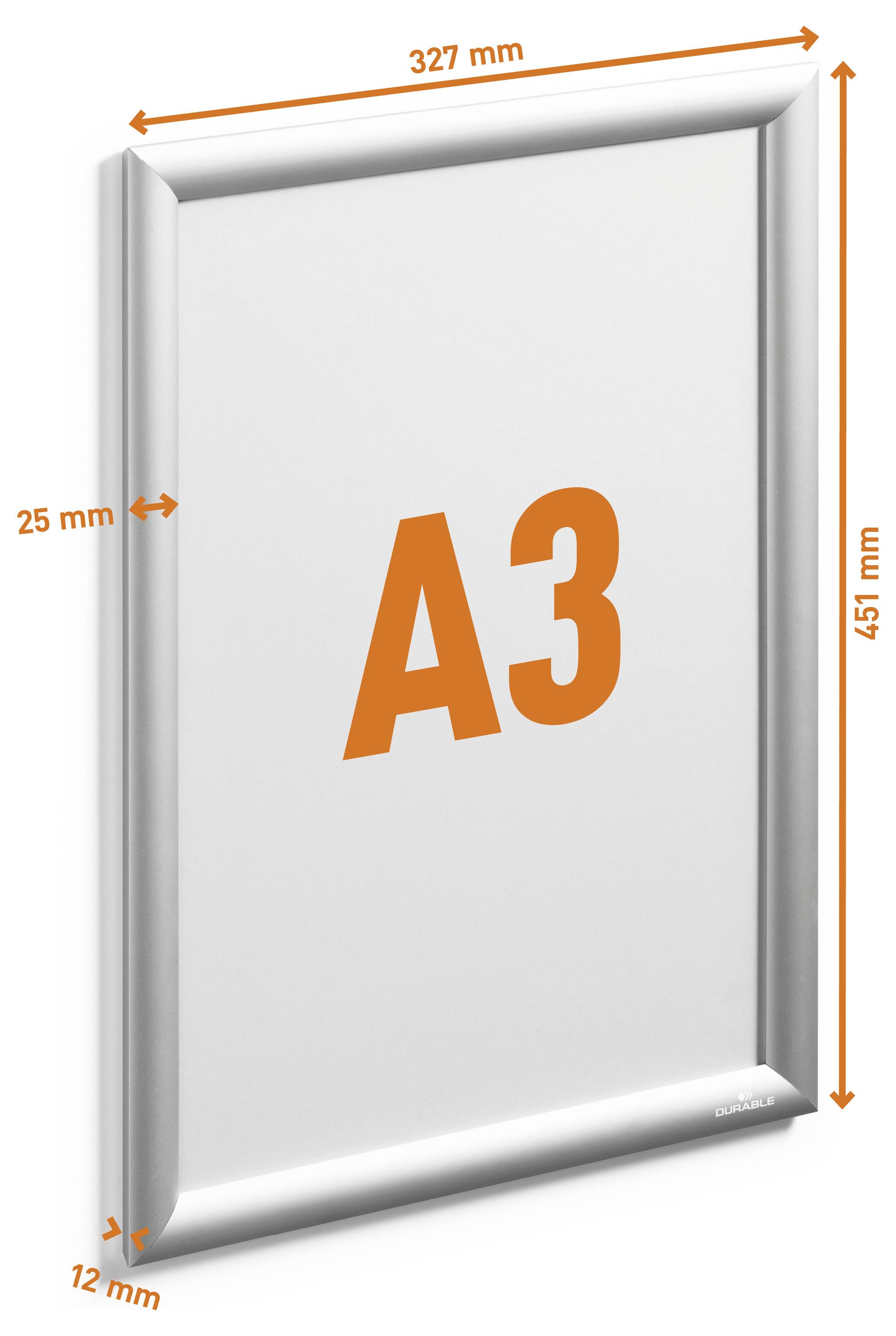 Ein A3-großer silberner Rahmen mit beschrifteten Abmessungen: 327 mm Breite, 451 mm Höhe und 25 mm Tiefe.