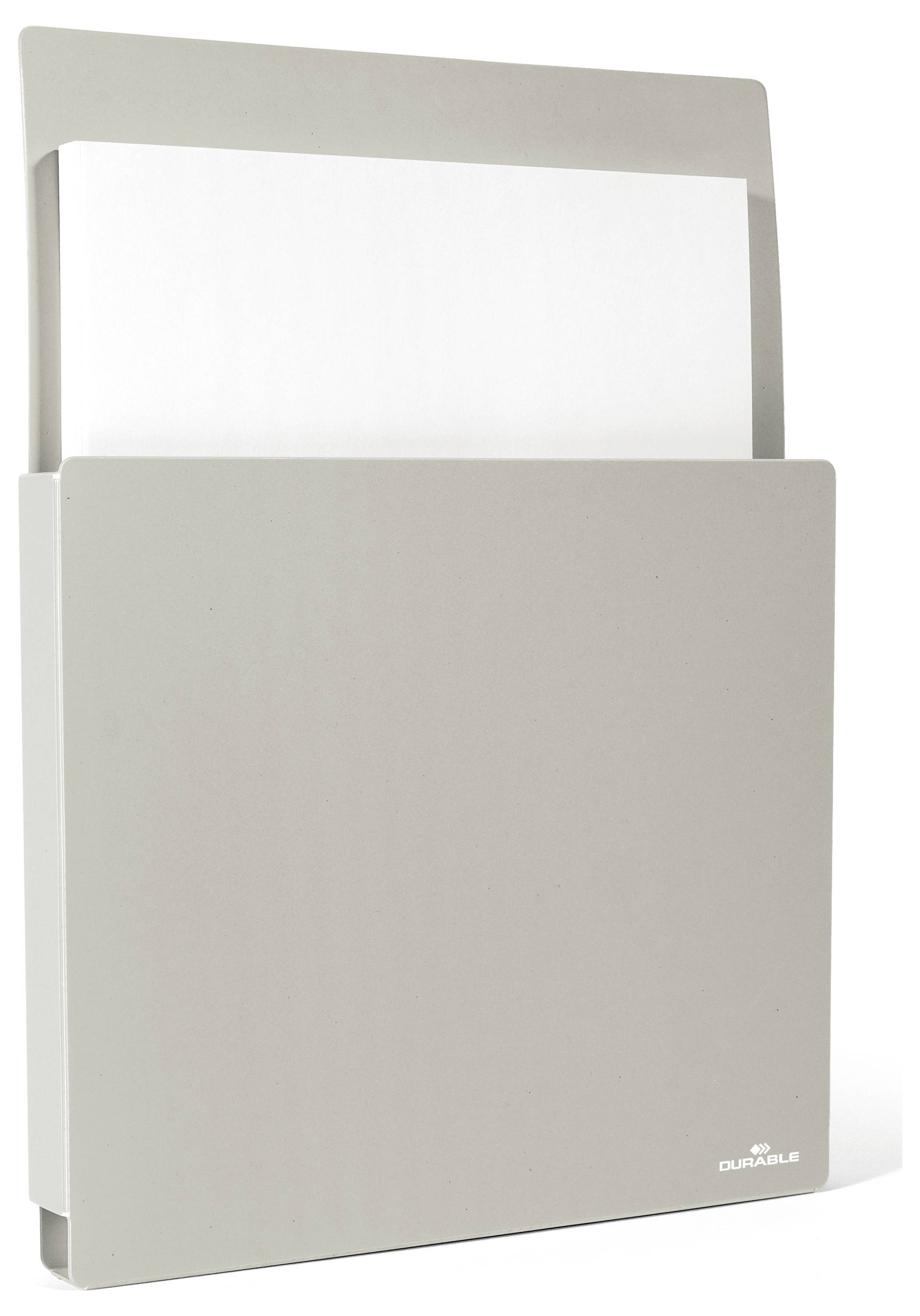 Ein eleganter, grauer, an der Wand montierter Dateiorganizer, der einen Stapel weißer Papiere hält, mit dem Markennamen „DURABLE