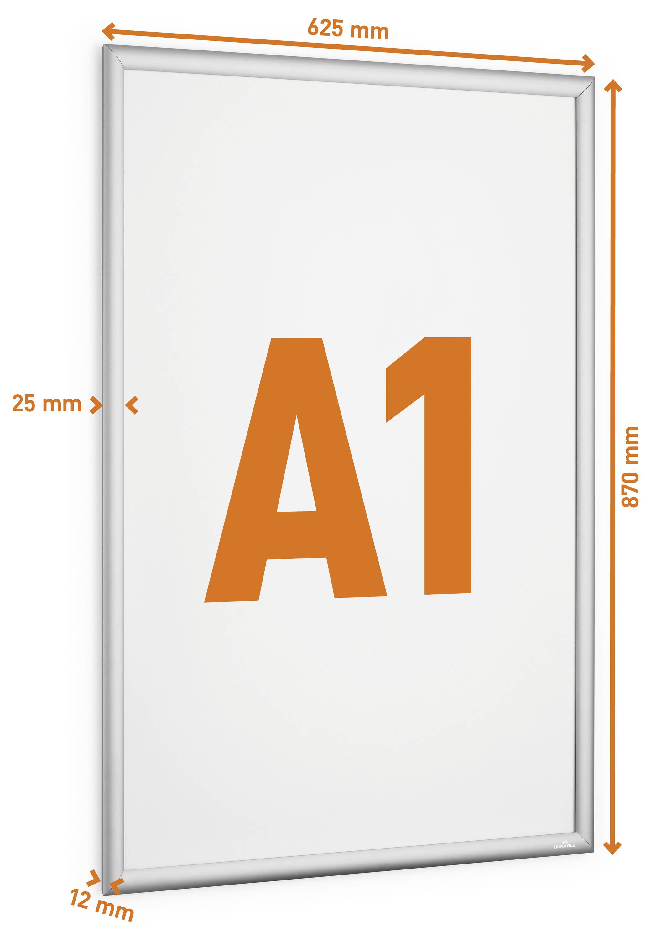 Posterrahmen mit beschrifteten Abmessungen: 625 mm Breite, 870 mm Höhe, 25 mm Rand, 12 mm Tiefe, mit großem orangefarbenem 