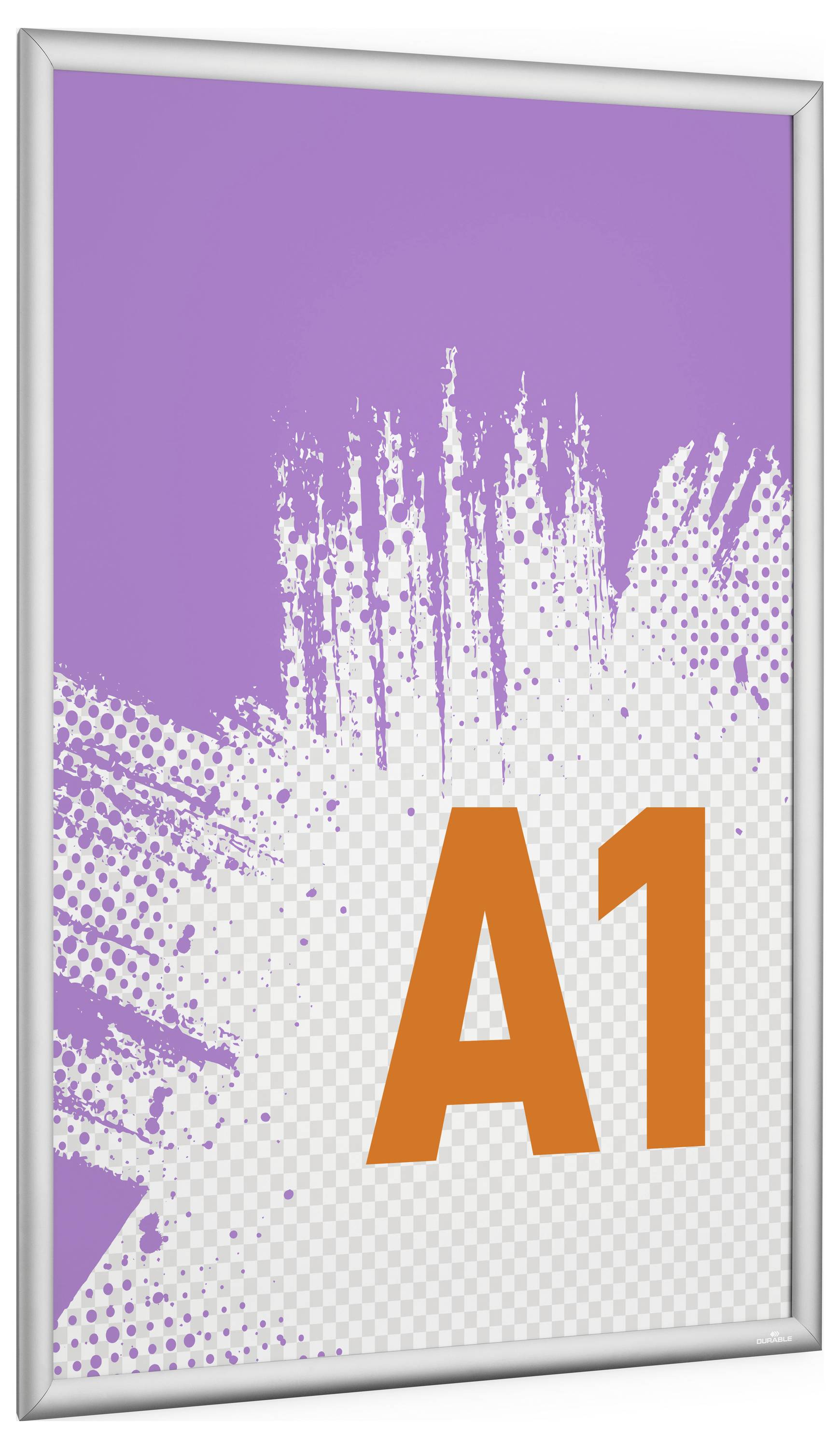 Ein violettes Plakat mit weißem Spritzdesign zeigt in der Mitte großen, fetten orangefarbenen Text 'A1'.