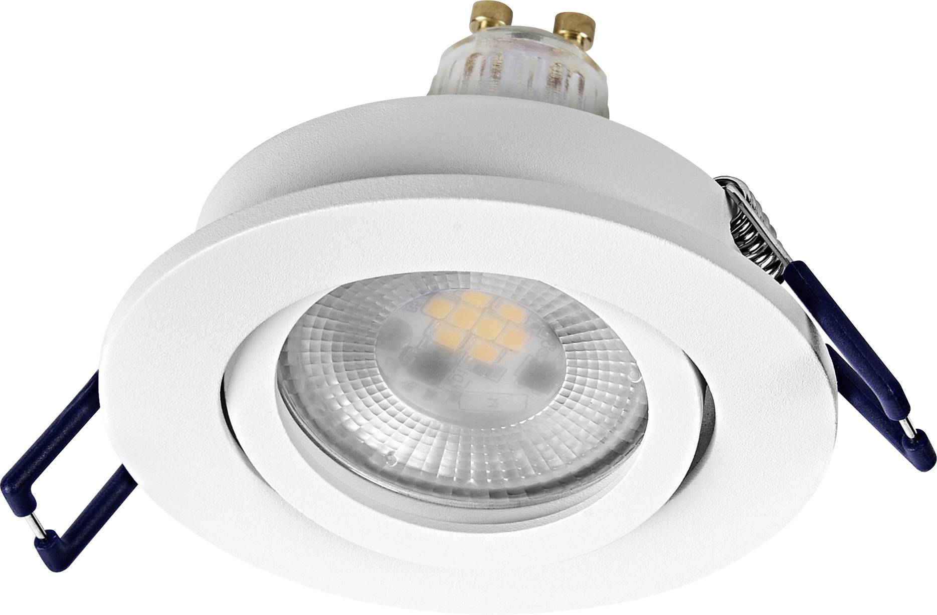 Eine versenkte LED-Einbauleuchte mit weißem Gehäuse und verstellbaren Befestigungsclips, entwickelt für die Deckeninstallation.