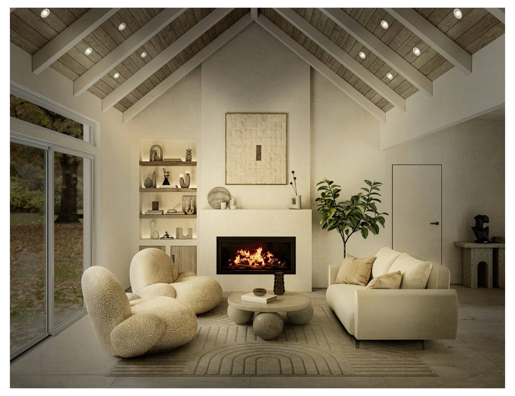Ein gemütliches Wohnzimmer mit weichen, abgerundeten Möbeln, einem brennenden Kamin und einer Pflanze. Regale zeigen dekorative Gegenstände. Große Fenster bieten einen Ausblick ins Freie.