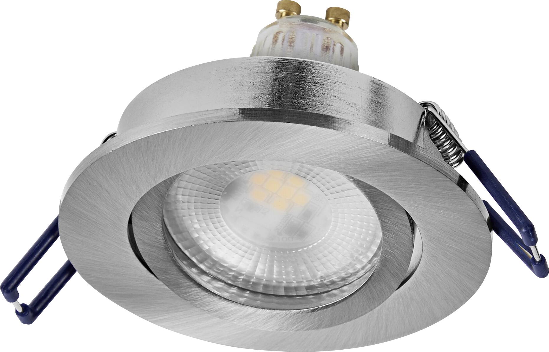 Eine silberfarbene, flache LED-Deckenleuchte mit sichtbarem Leuchtmittel, konzipiert für die Innennutzung. Sie verfügt über Federklemmen für eine sichere Befestigung.