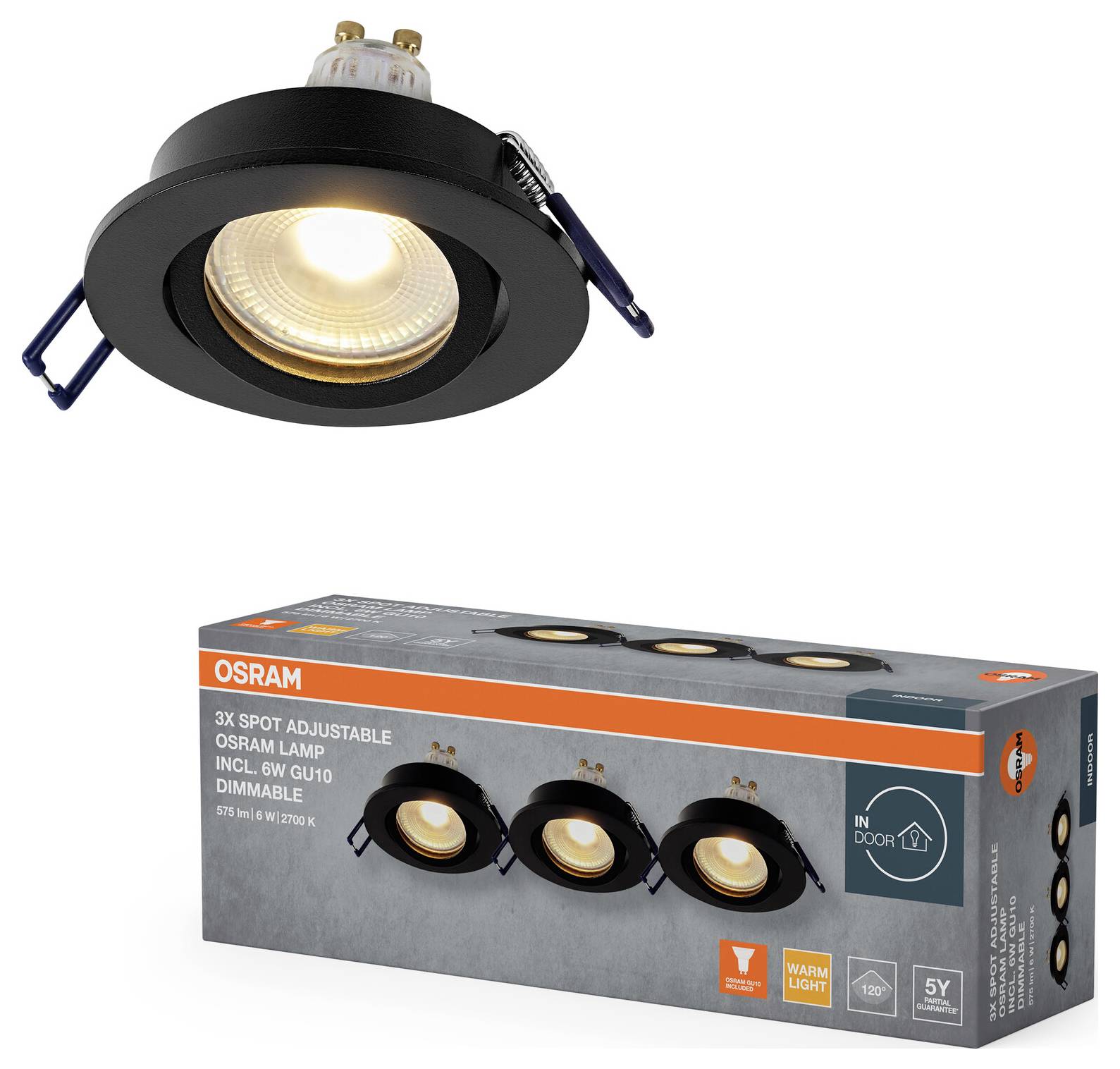 Diagramm einer eingebauten Deckenleuchte mit Seiten- und Draufsicht. Die Seitenansicht zeigt eine Leuchte mit Federklemmen, gekennzeichnet mit „25