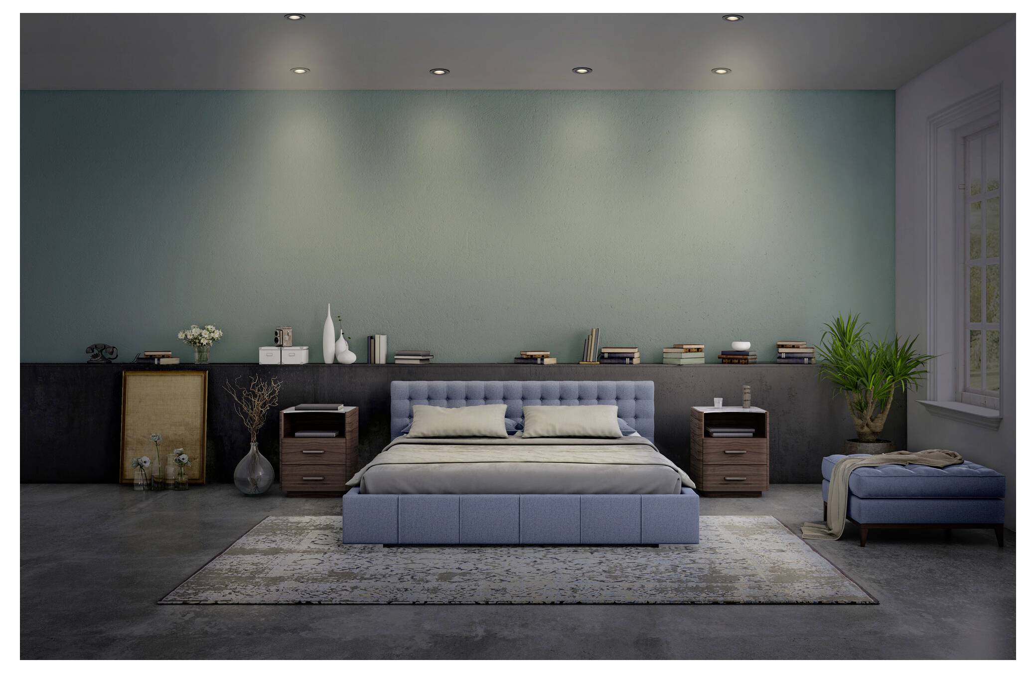 Ein gemütliches Schlafzimmer mit einer Weltkarte als Wanddekoration, die von LED-Striplichtern beleuchtet wird. Ein Bett mit bunten Kissen und einer Decke steht vor der Karte.