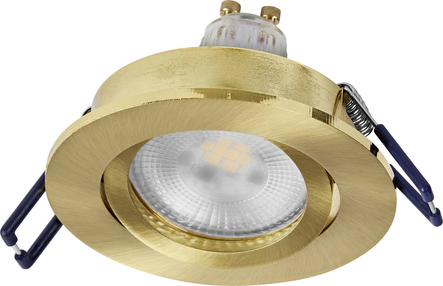 Eine vergoldete Deckenleuchte mit Befestigungsclips und sichtbarem LED-Leuchtmittel, entwickelt für die bündige Installation in der Decke.