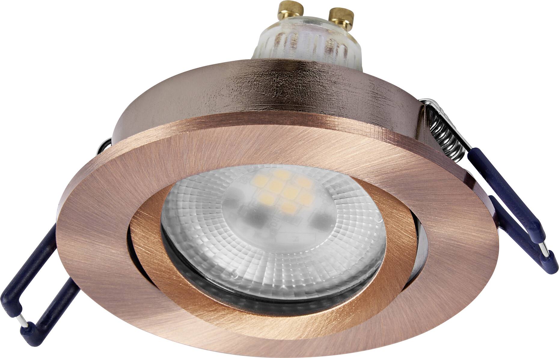 Eingelassene kupferfarbene LED-Leuchte mit kreisförmigem Design und verstellbaren Montageclips.