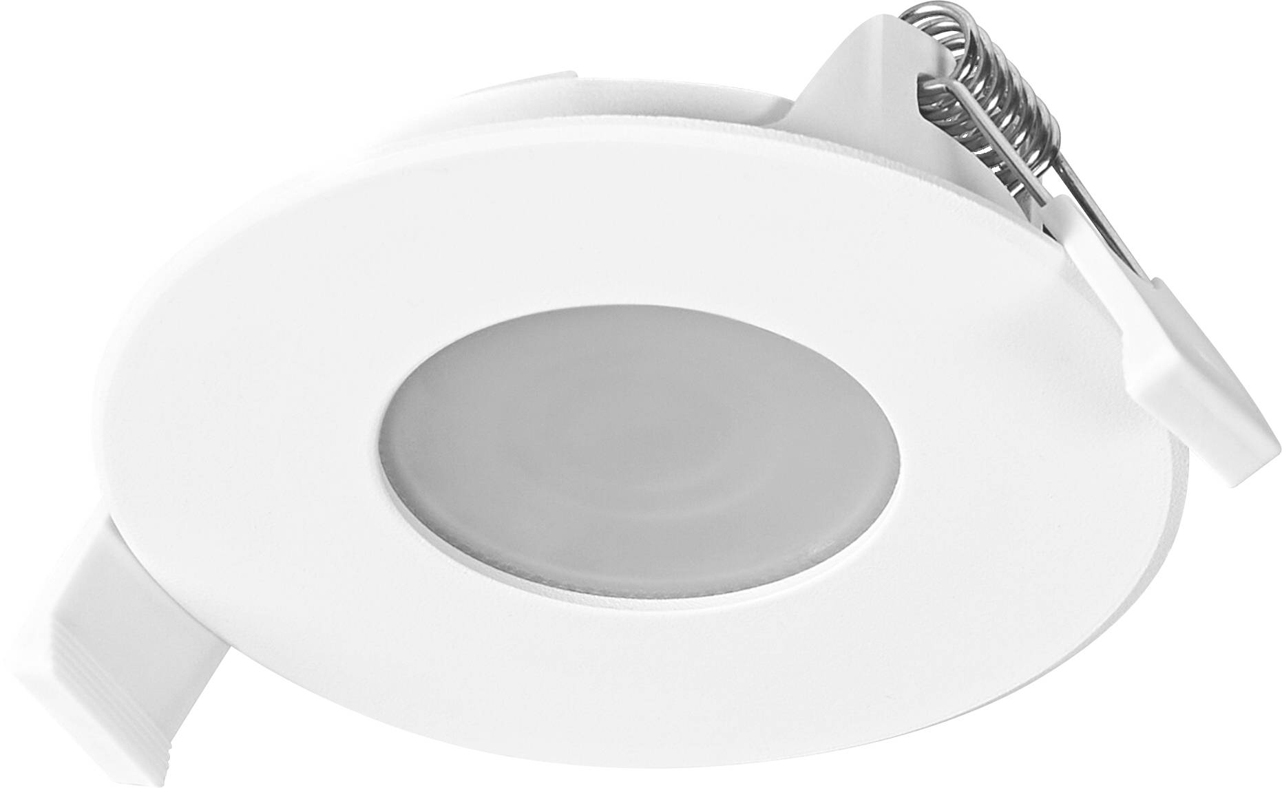 Rundes weißes Deckenleuchten-Gehäuse mit Federclips auf beiden Seiten für einfache Montage.